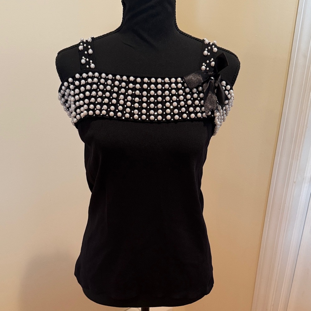 AD Originals stunning Off the Shoulder Pearls Trimmed Top viscous nylon stretch